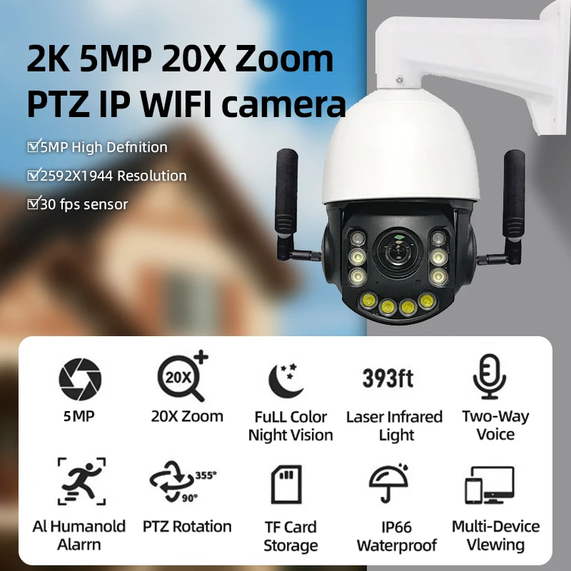 WIFI PTZ 20倍ズーム IP自動追跡カメラ 5MP 2K CCTVセキュリティ 双方向音声 屋外暗視監視 360度カメラ