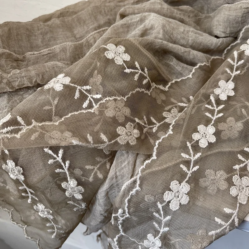 VREOVOR Cotton Linen Lace Splicing Scarf Lady Breathable Super Fairy Tulle Towel Literary Embroidery New Spring and Summer