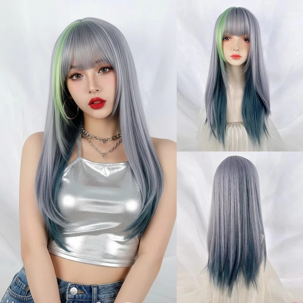 

VICWIG Women Ombre Blue Highlights Green Long Straight Wig with Bangs Lolita Cosplay Fluffy Women Hair Wig for Daily Party