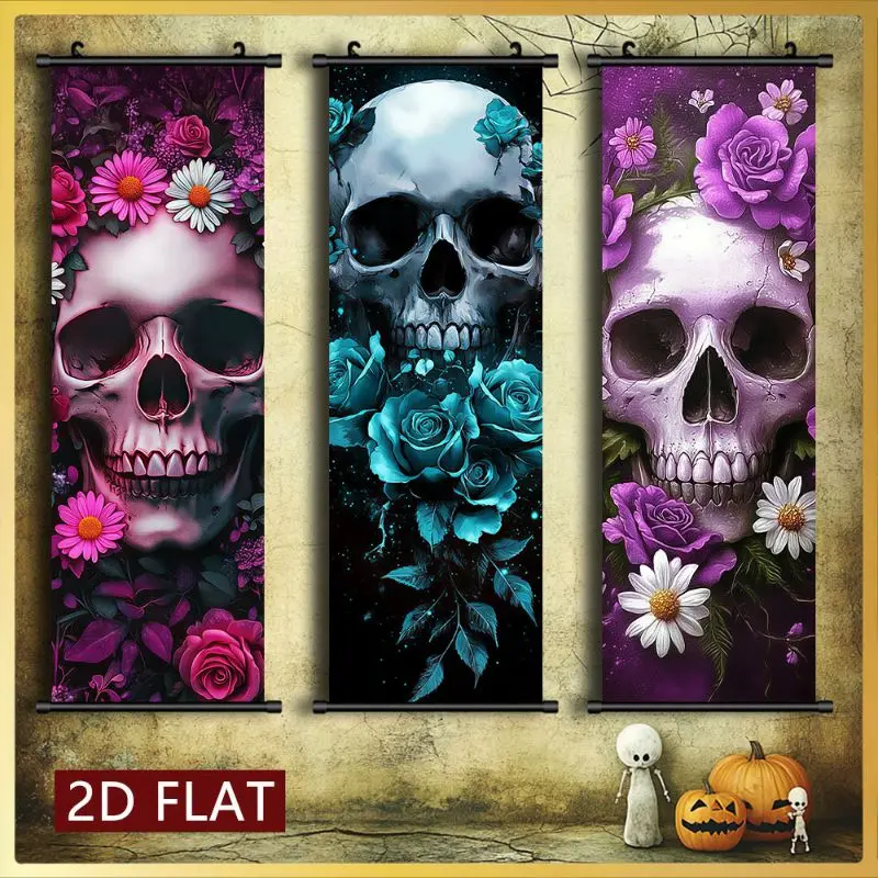 VIKAMA Skull Rose Daisy Wall Tapestry Pink Blue Purple Gothic Floral Scroll Art Home Decor Lightweight Soft Durable Cozy Gift
