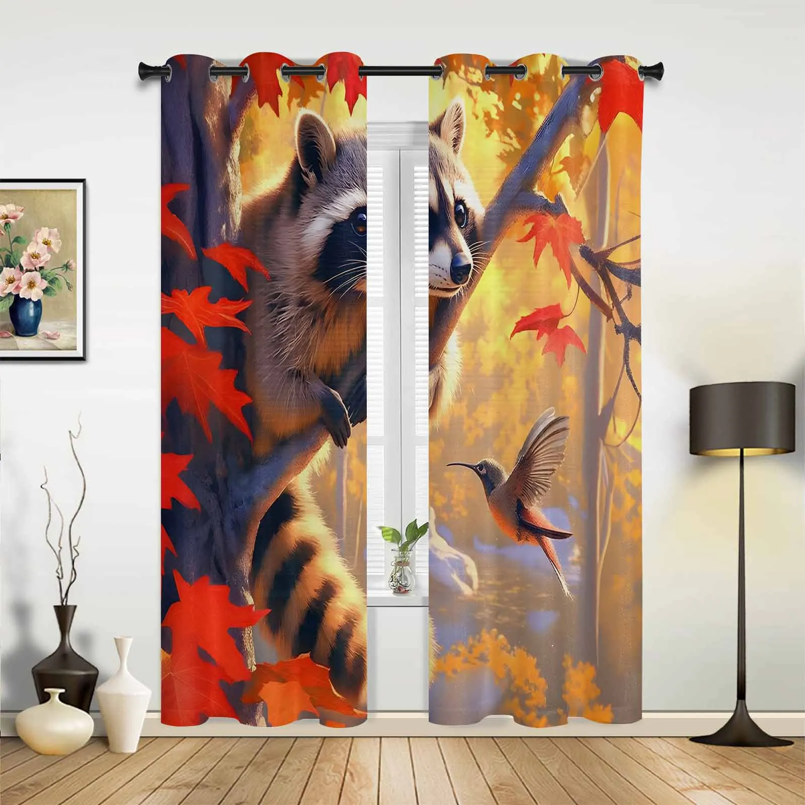 Autumn Maple Tree Maple Leaf Raccoon Hummingbird Modern Hall Curtains for Living Room Bedroom Window Curtains Hotel Drapes