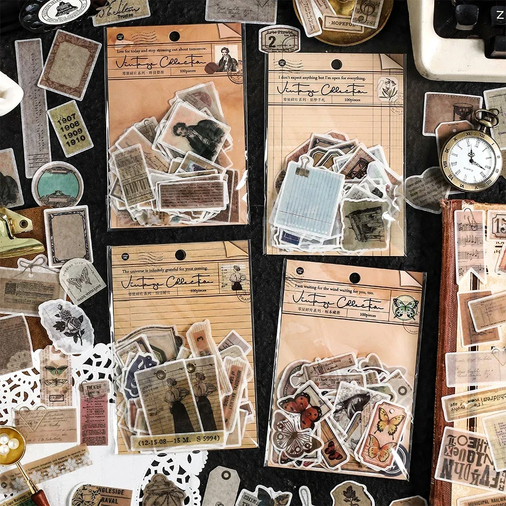 100pcs Vintage Scrapbooking Sticker Washi Paper Decorative Stickers Diary Scrapbooking Material Deco Album Stationery Stickers