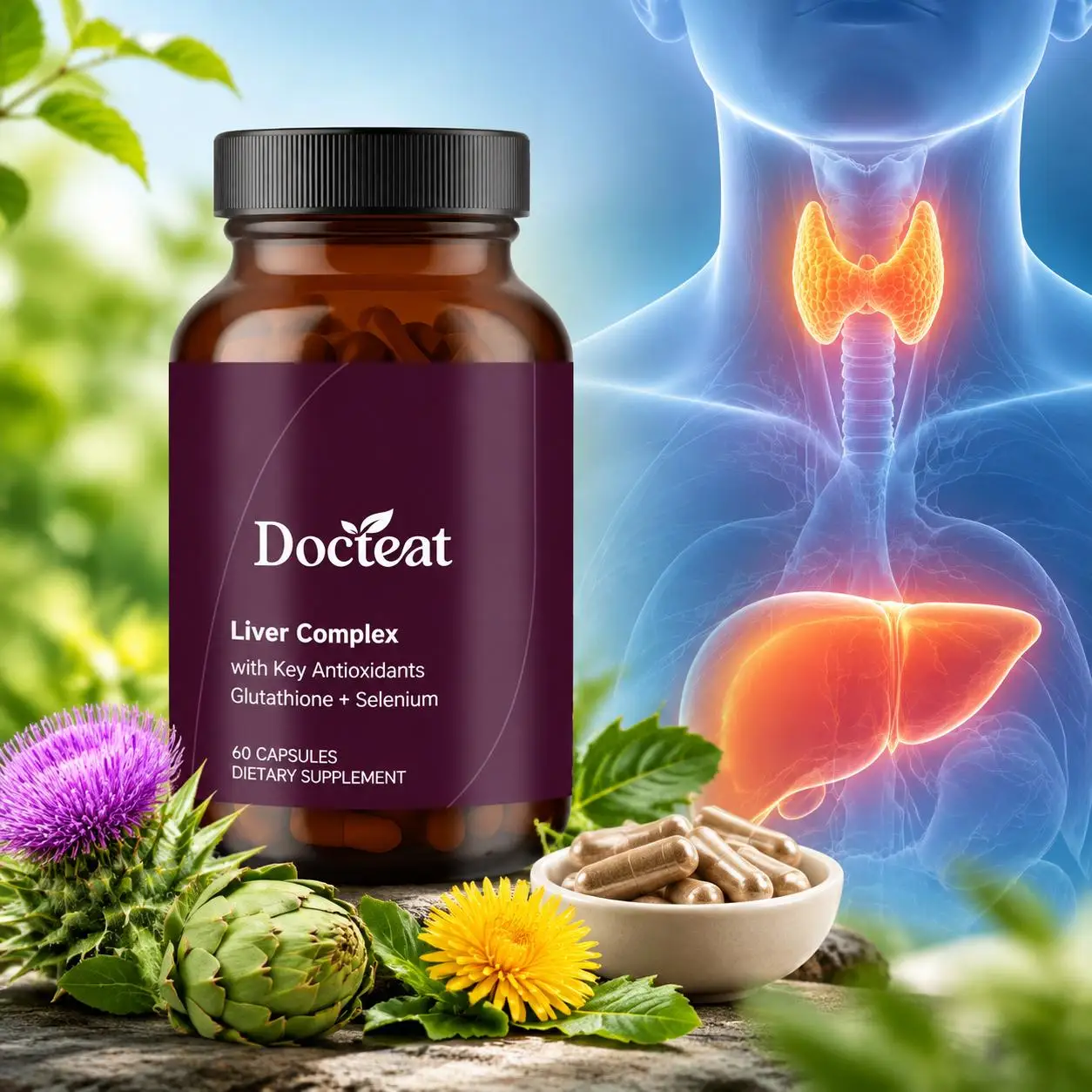 Liver Complex Capsules Liver Detoxification Thyroid Health Immune Balance Antioxidant Support with Glutathione Selenium 60pcs
