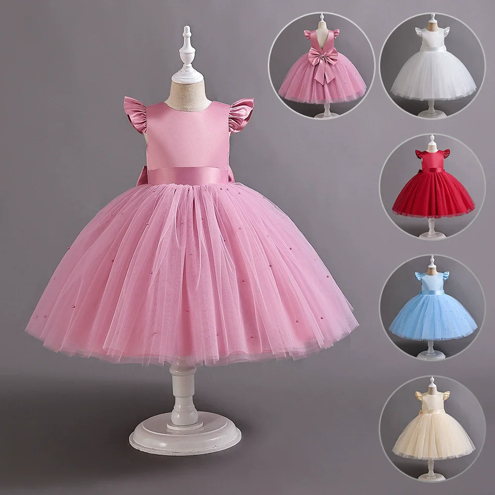 

Fashion Solid Color Girls Dresses for Party and Wedding Lace Sleeveless Bow Prom Dresses Summer Kids Prom Dresses 3-13 Years