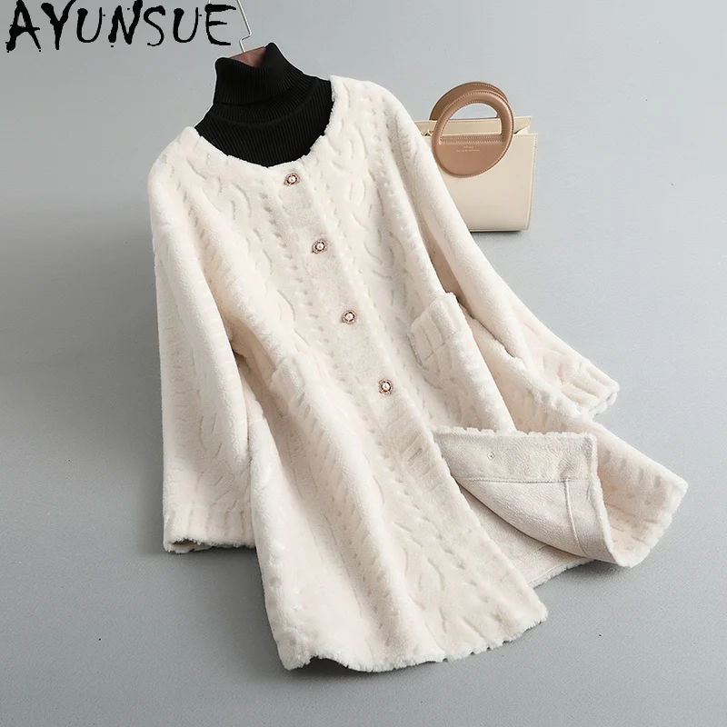เสื้อโค้ทขนสัตว์แท้ 100% ยี่ห้อ AYUNSUE สำหรับผู้หญิง แจ็คเก็ตขนแกะแท้ เสื้อผ้าฤดูใบไม้ร่วงและฤดูหนาว เสื้อคลุมขนสัตว์ผสมสำหรับผู้หญิง เสื้อคลุมด้านนอก