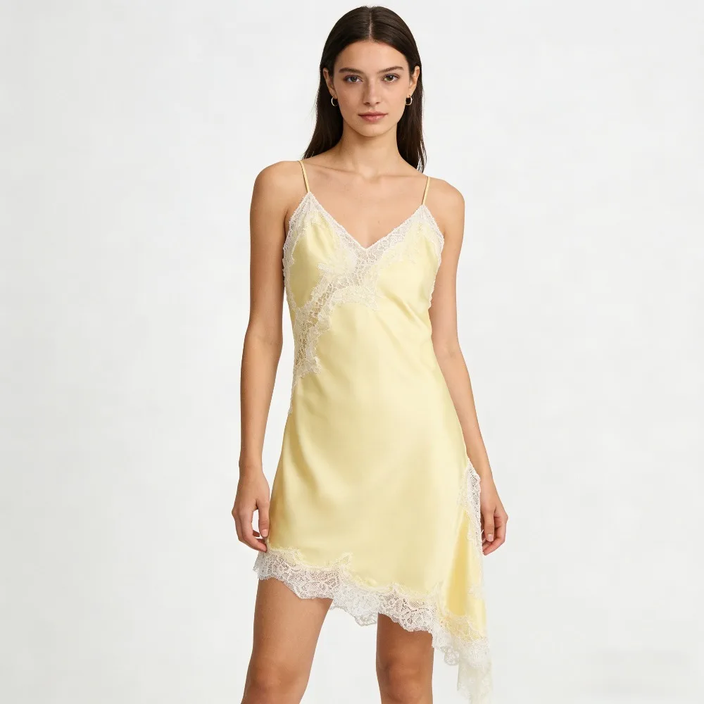 여름 신상 여성 드레스 새틴 레이스 슬립 섹시 비대칭 밑단 나이트가운 캐주얼 파티 드레스 Y2K 의류