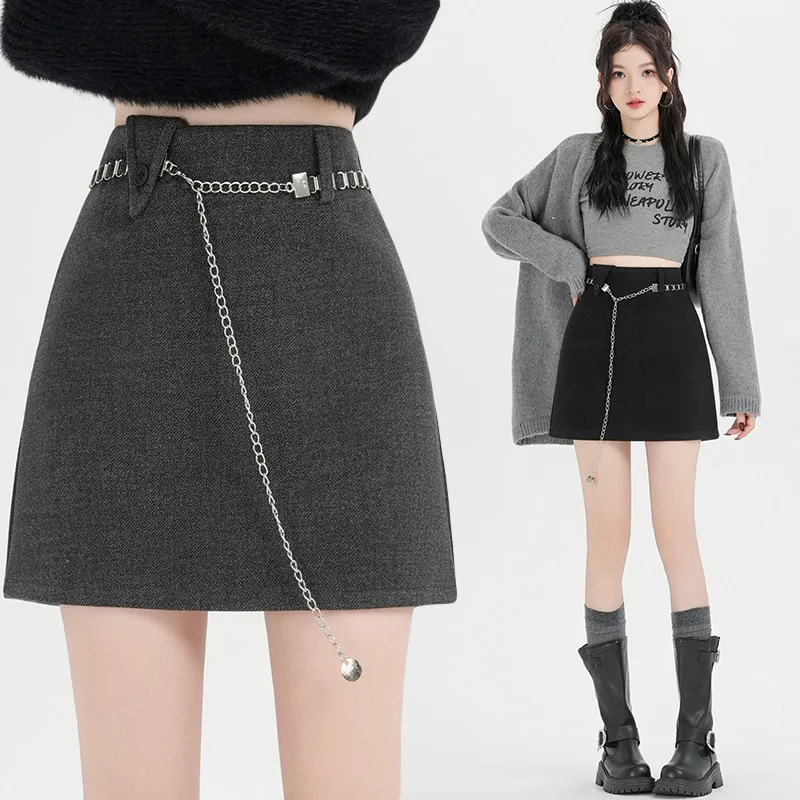 Grey chain woolen half skirt for women in winter 2025, thickened crotch covering A-line skirt, high waist short skirt