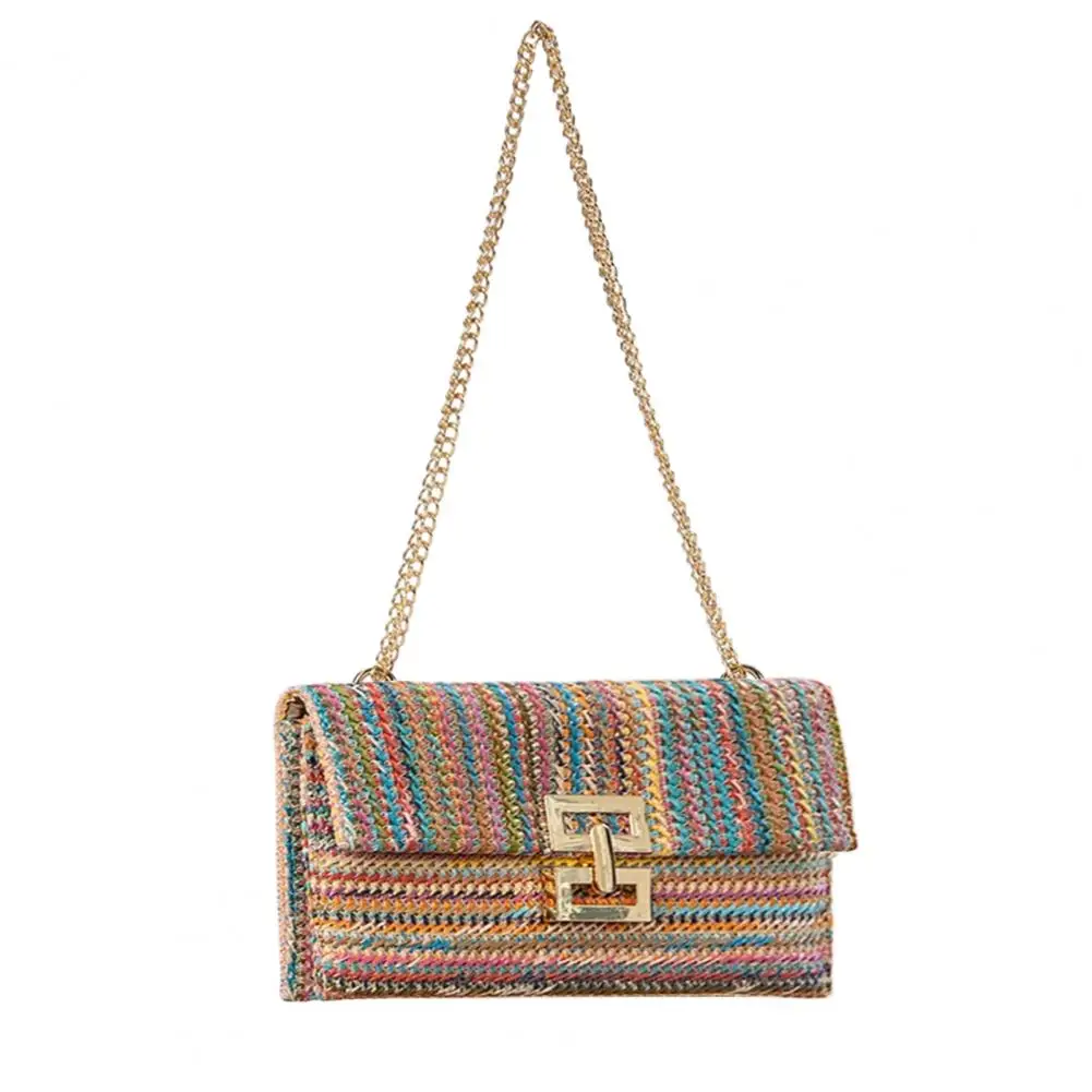 Clutch Wallet Bohemian Style Envelope Shoulder Bag with Double-layer Chain Strap Straw Braided Buckle Lock Foldable for Summer