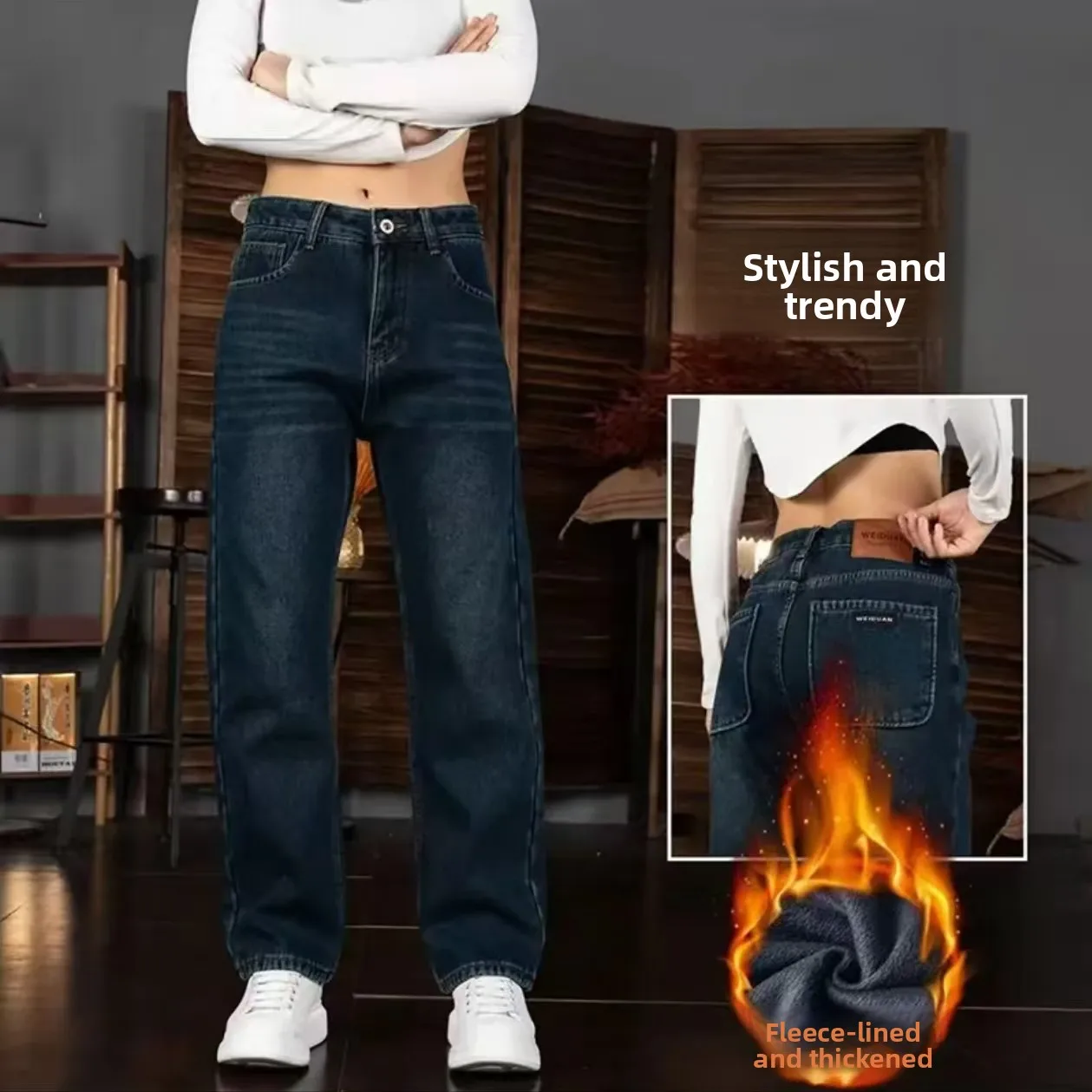 

American Style Faded Washed Denim Jeans Men's Autumn Winter New Loose Casual Straight Leg Pants with Fleece Comfortable Long ...