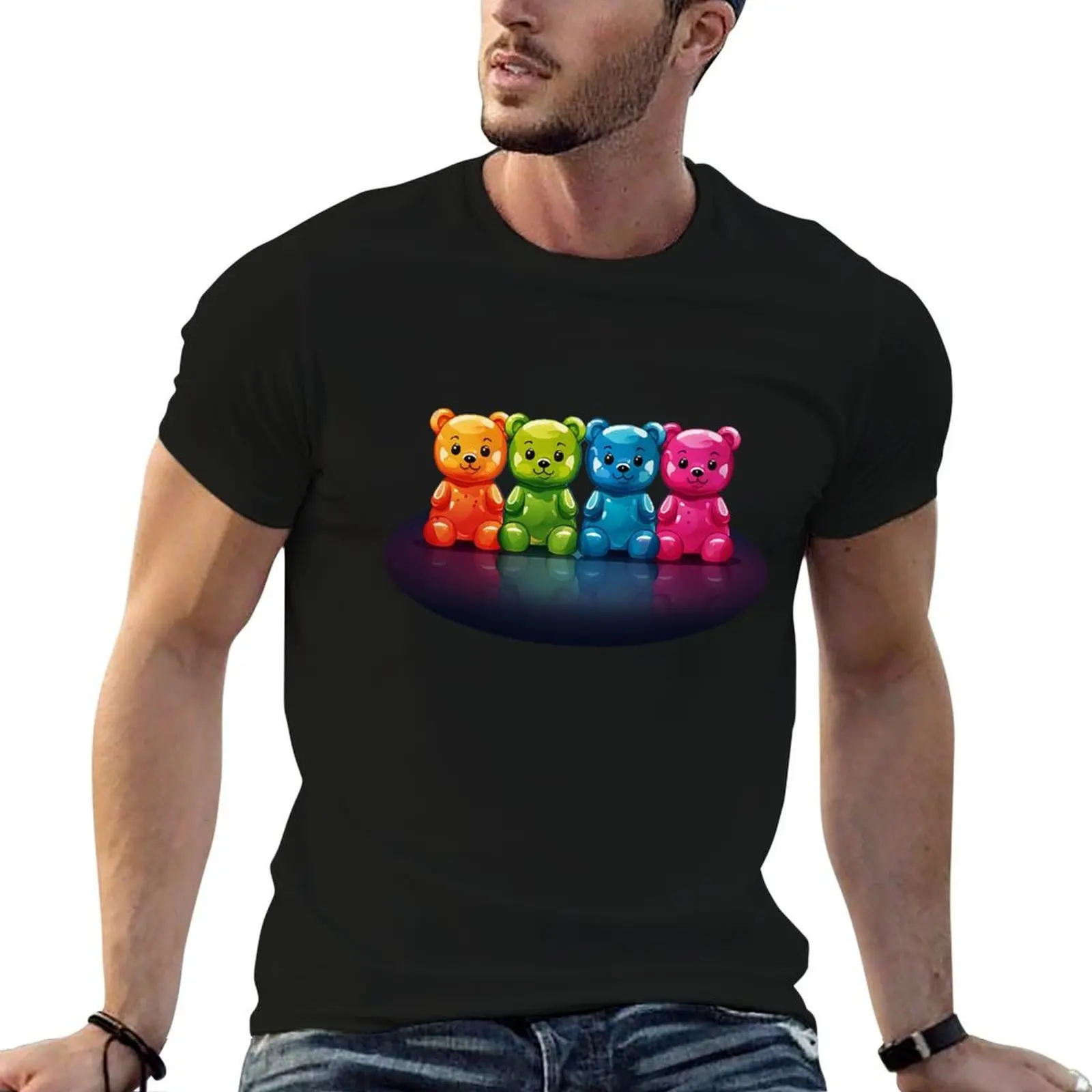 

Candyland Cuties - Rainbow Gummy Bears On A Black Background T-Shirt essential t shirt man t shirt heavy cotton T-Shirt