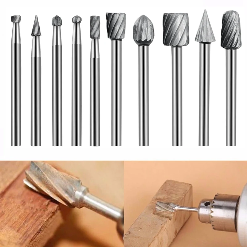 6/10Pcs Titanium Dremel Routing Wood Rotary Milling Rotary File Cutter Woodworking Carving Carved Knife Cutter Tools Wood Drill