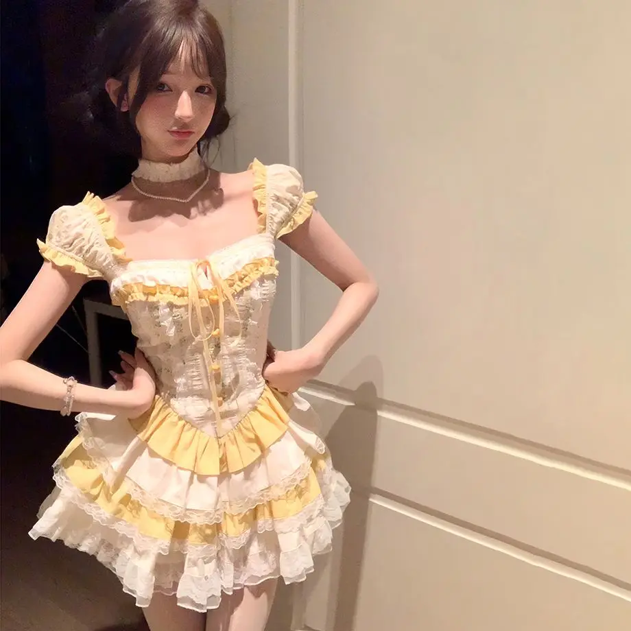 Sweet Bubble Sleeves Puffy Dress Summer New Japanese Lolita Girl Lace Bow High Waist Slimming Short Princess Dress for Women