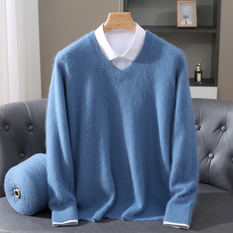 High Quality  Men Long Sleeve Knitwear  Sweater Autumn  And  Winter V-Neck 100%  Mink Cashmere  Soft  Warm  Clothing  Tops