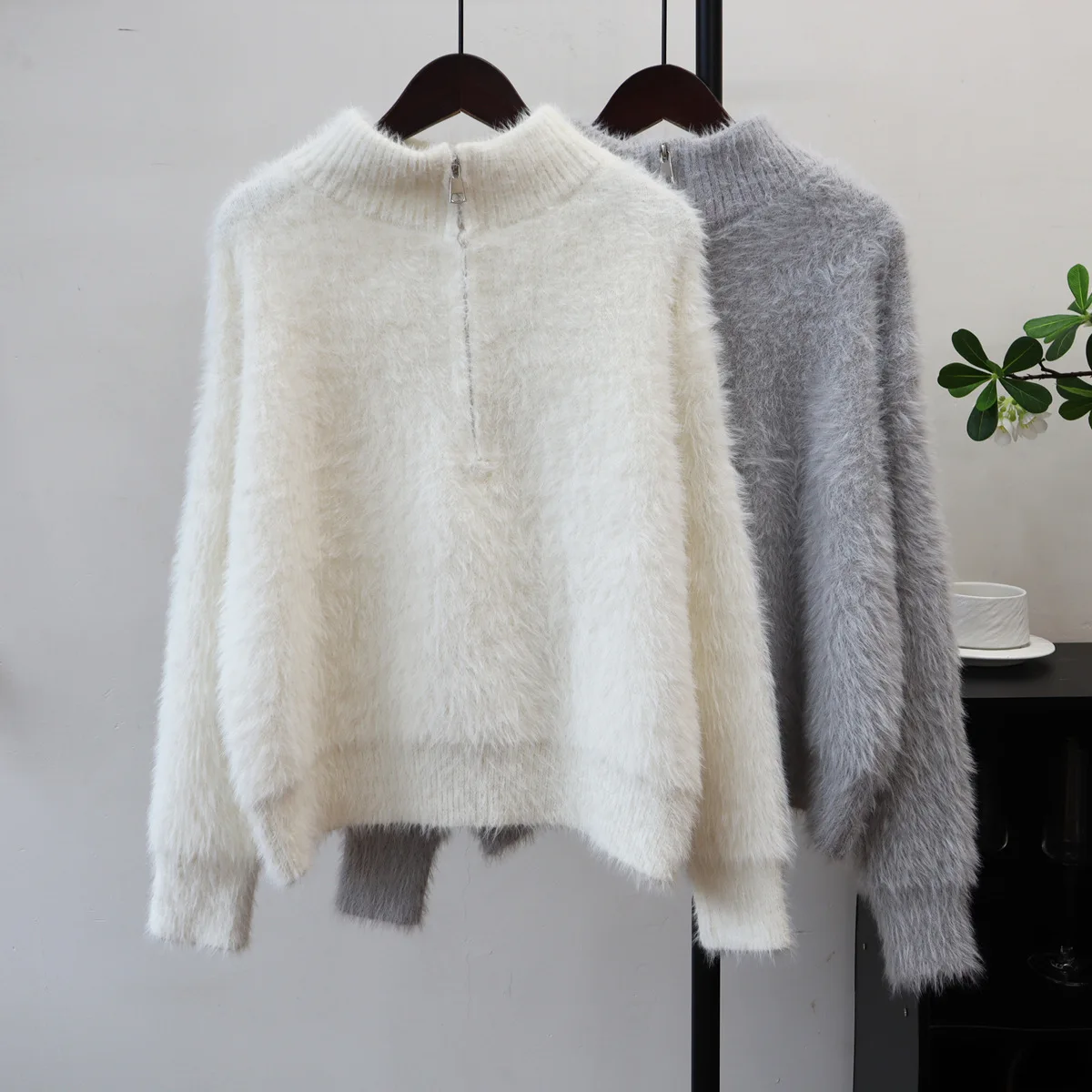 

Half Zipper Imitation Mink Velvet Knitted Top For Women Autumn Winter New Korean Version Loose Soft Sweater Hoodie Female Trendy
