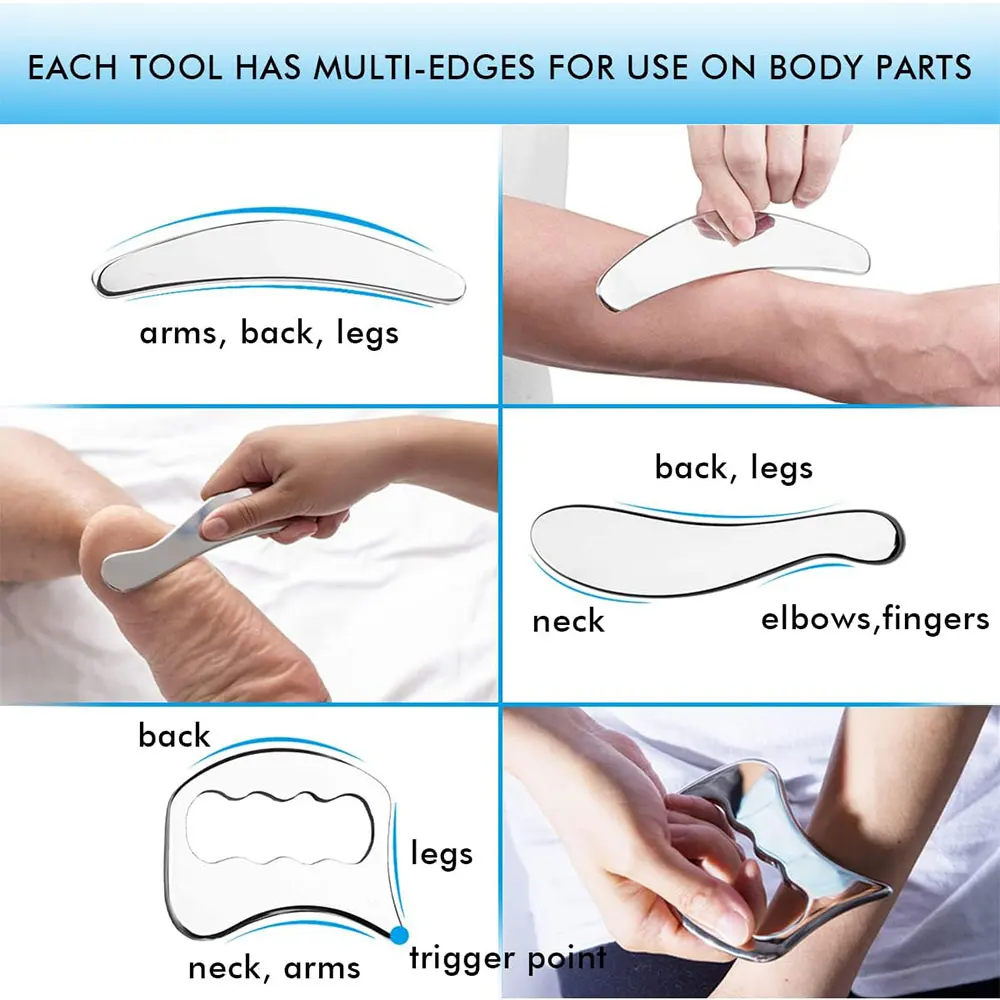 1/4/7 Stuks Rvs Gua Sha Schrapen Massage Tool IASTM Gereedschap Grote Zachte Tissue Mobilisatie tool voor Hele Lichaam Acupunten