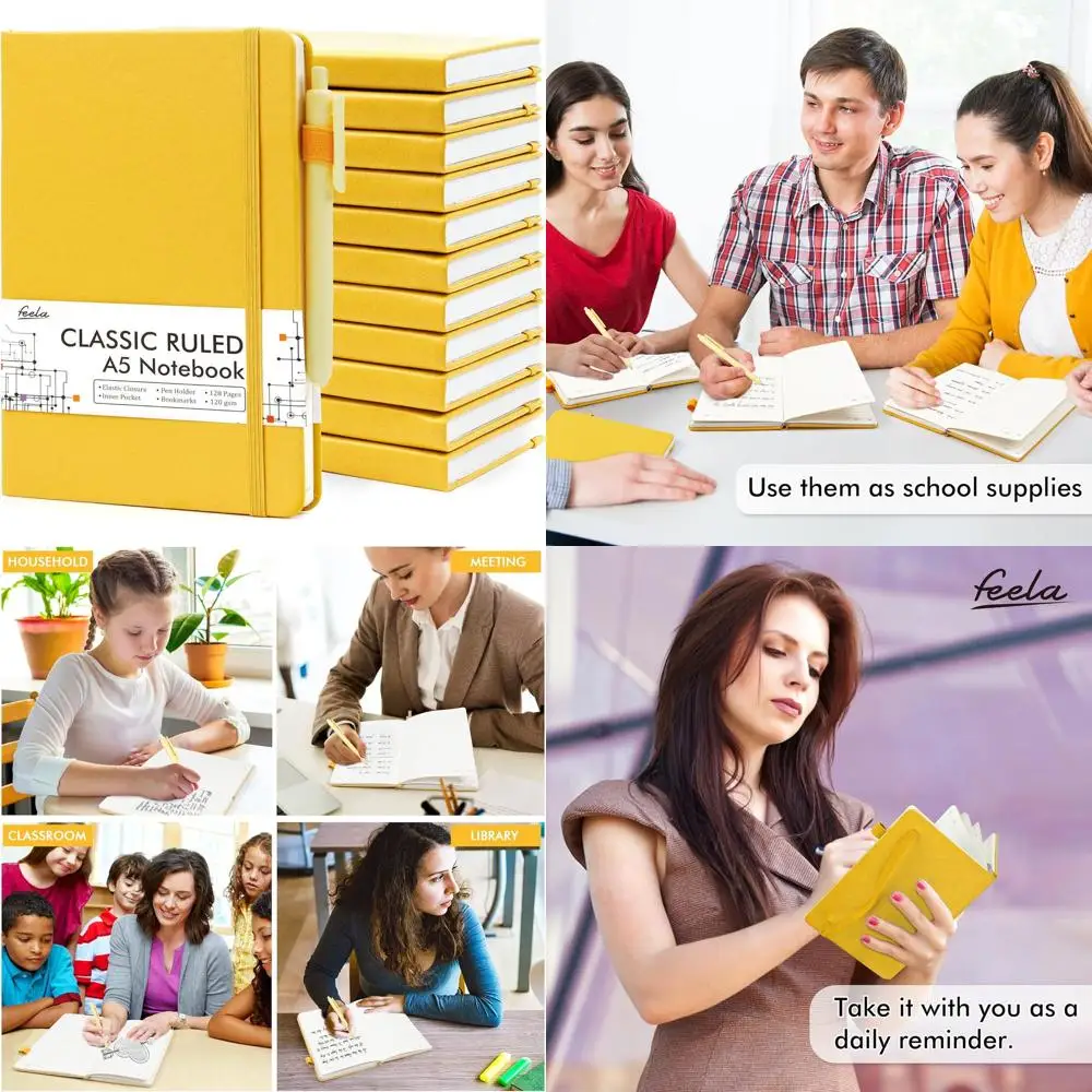 

Набор твердопечатных блокнотов формата А5 в линейку с 12 черными ручками, 120 г/м², 5,1x8,3 дюйма, желтые, для школы, бизнеса и путешествий