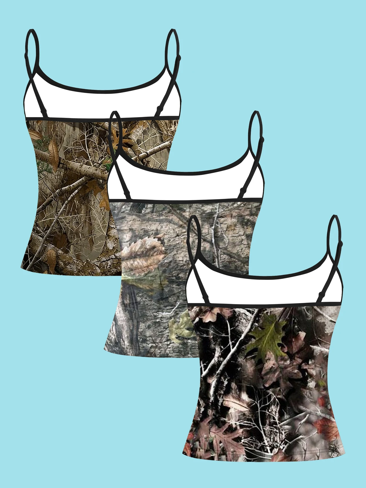 3-Piece Set: Brown, Yellow, Gray, Stone Red, and Brown Three-Tone Tree Branch and Leaf Camouflage Print Women's Camisole, Summer Slim-Fit Short Base Layer, Outerwear Top