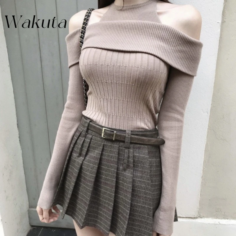 WAKUTA Japanese Retro Gentle Hanging Neck Off Shoulder Knit Sweater Casual Lady Classic Long Sleeve Top Fashion Slim Fit Ins Top