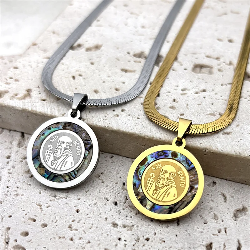 Catholic Saint Benedict Medal Pendant Necklace for Women Men Abalone Stainless Steel Gold Color San Benito Chain Jewelry