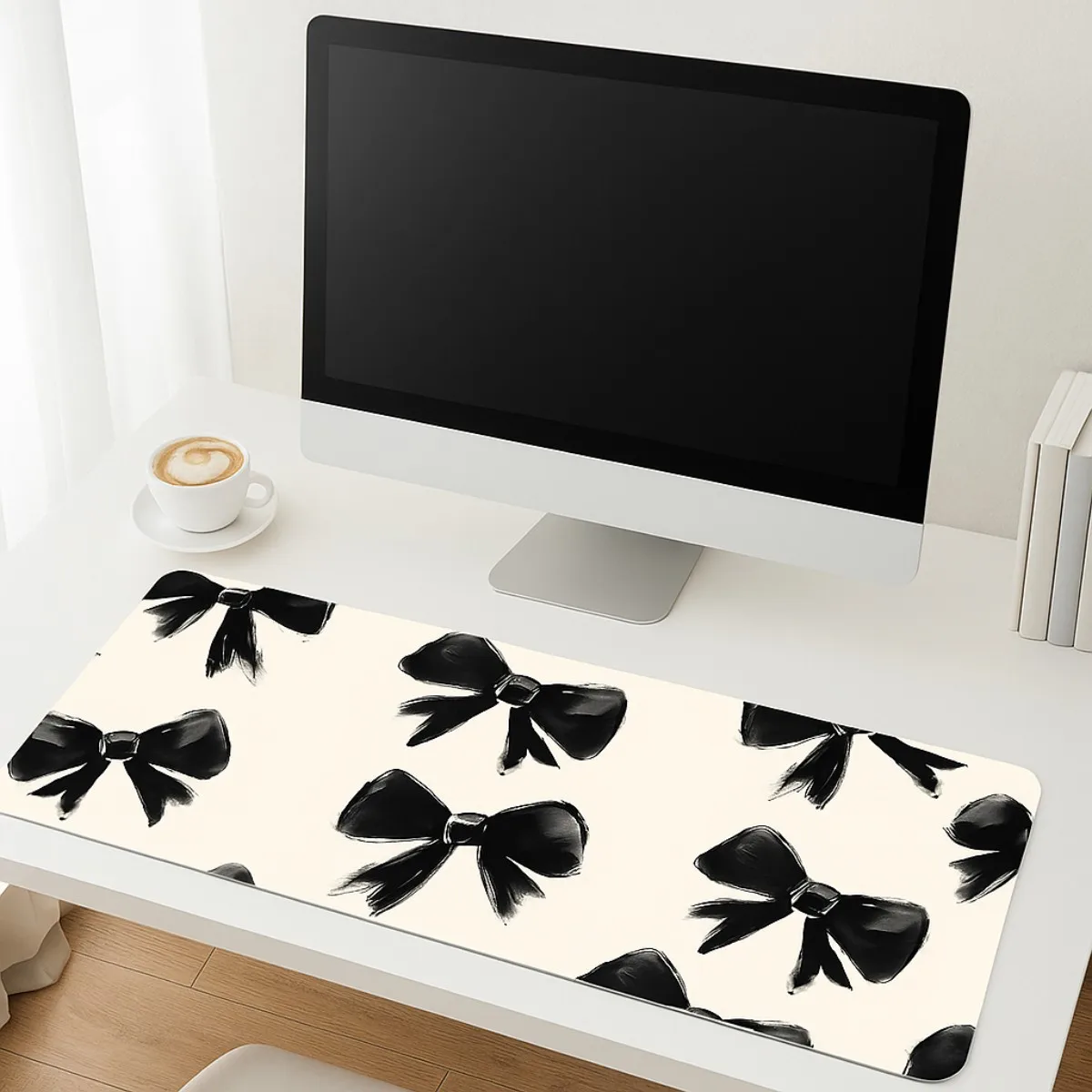 Tappetino per mouse chic con motivo fiocco nero da 1 pezzo: superficie in tessuto liscio e durevole antiscivolo |   Elegante arredamento da scrivania alla moda per l'ufficio e la casa