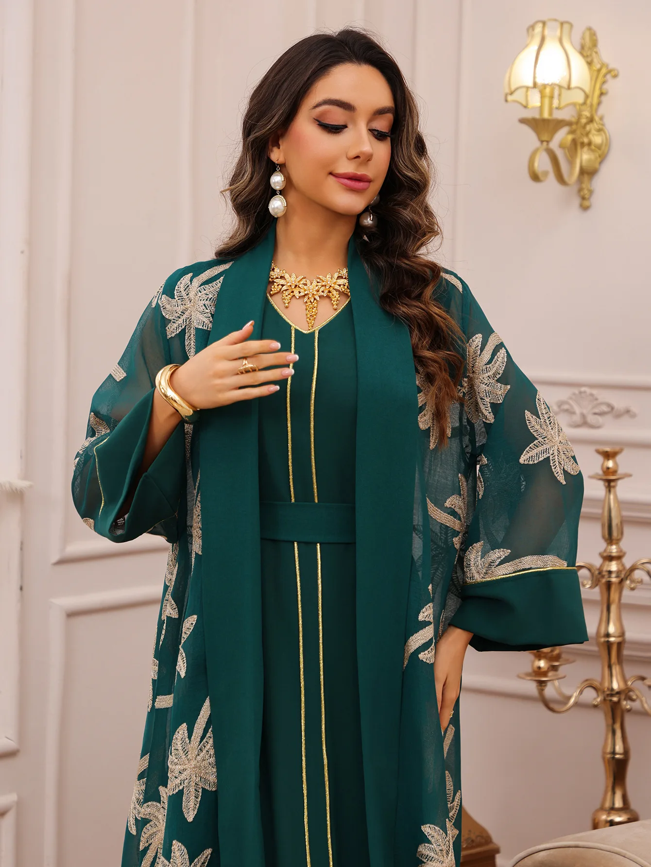 Dubai Kimono aperto Abaya con abito interno 2 pezzi Set donna cardigan ricamato musulmano abito lungo Marocco Dubai caftano tessuto islamico