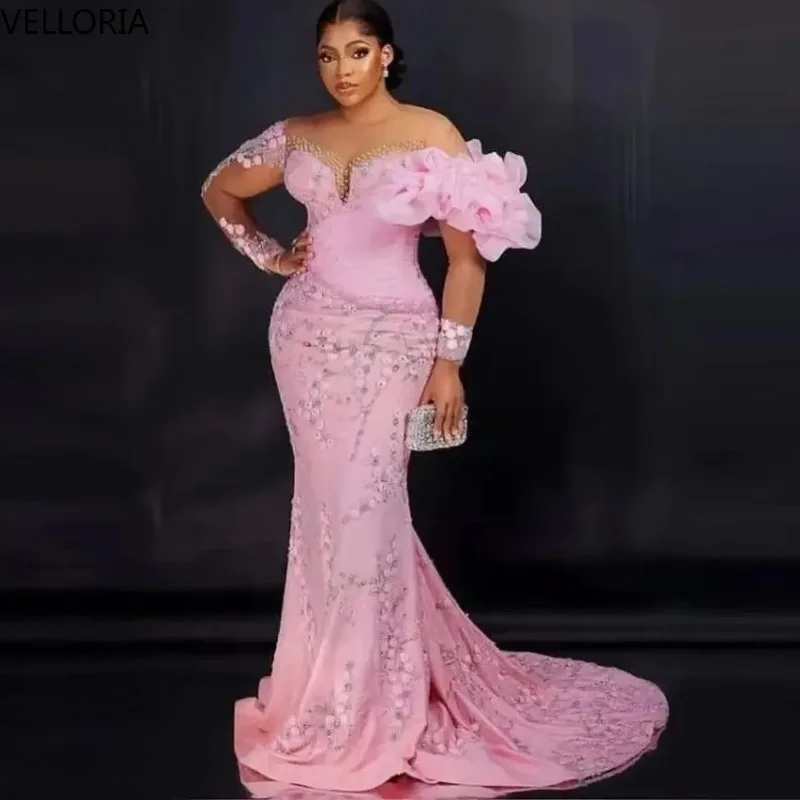 

Африканское женское кружевное вечернее платье Aso Ebi, праздничное платье русалки с оборками и длинными рукавами, бальное платье, Vestdos De Fiesta, по индивидуальному заказу