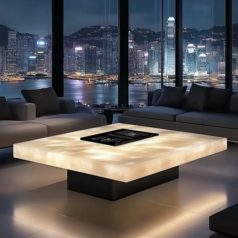 

Modern wabi-sabi wind luminous jade coffee table luxury stone marble small apartment large flat floor apartment living room squa