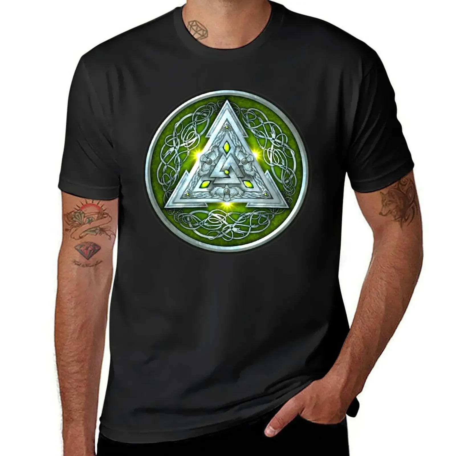 

Norse Triskele Valknut Shield in Silver and Green T-Shirt customizeds man clothes funny shirt cotton sweat shirts, men