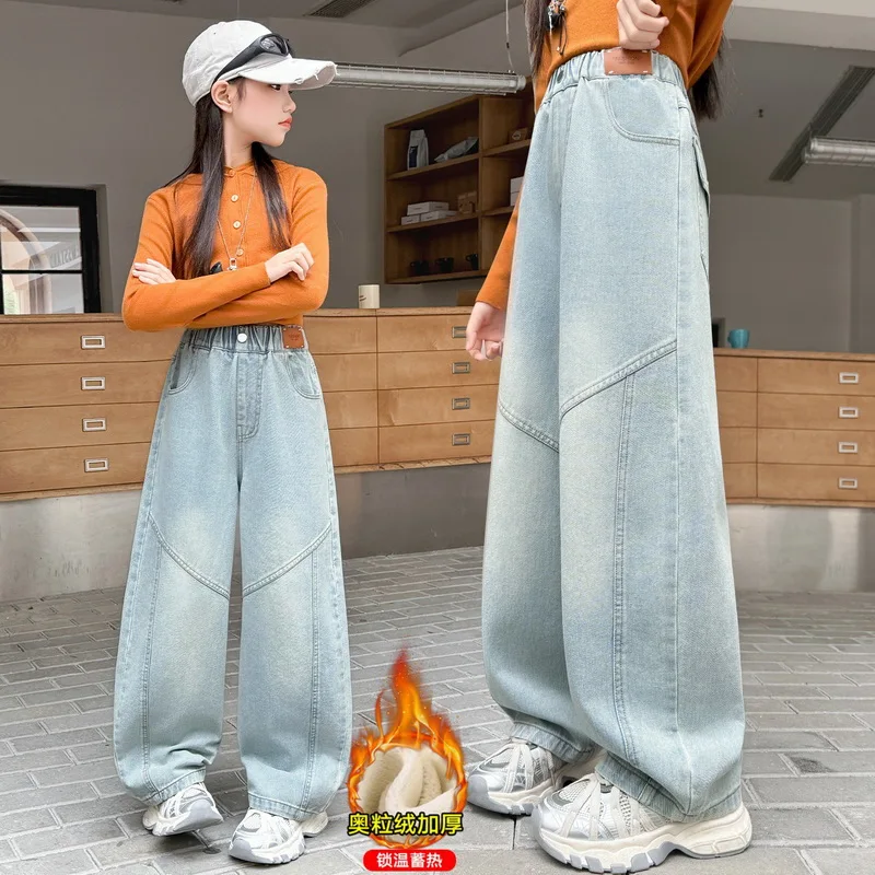 

New Winter Kids Girl Thermal Jeans with Patchwork Design Children Girls Thick Warm Denim Pants Trousers For Teenagers 2026 New