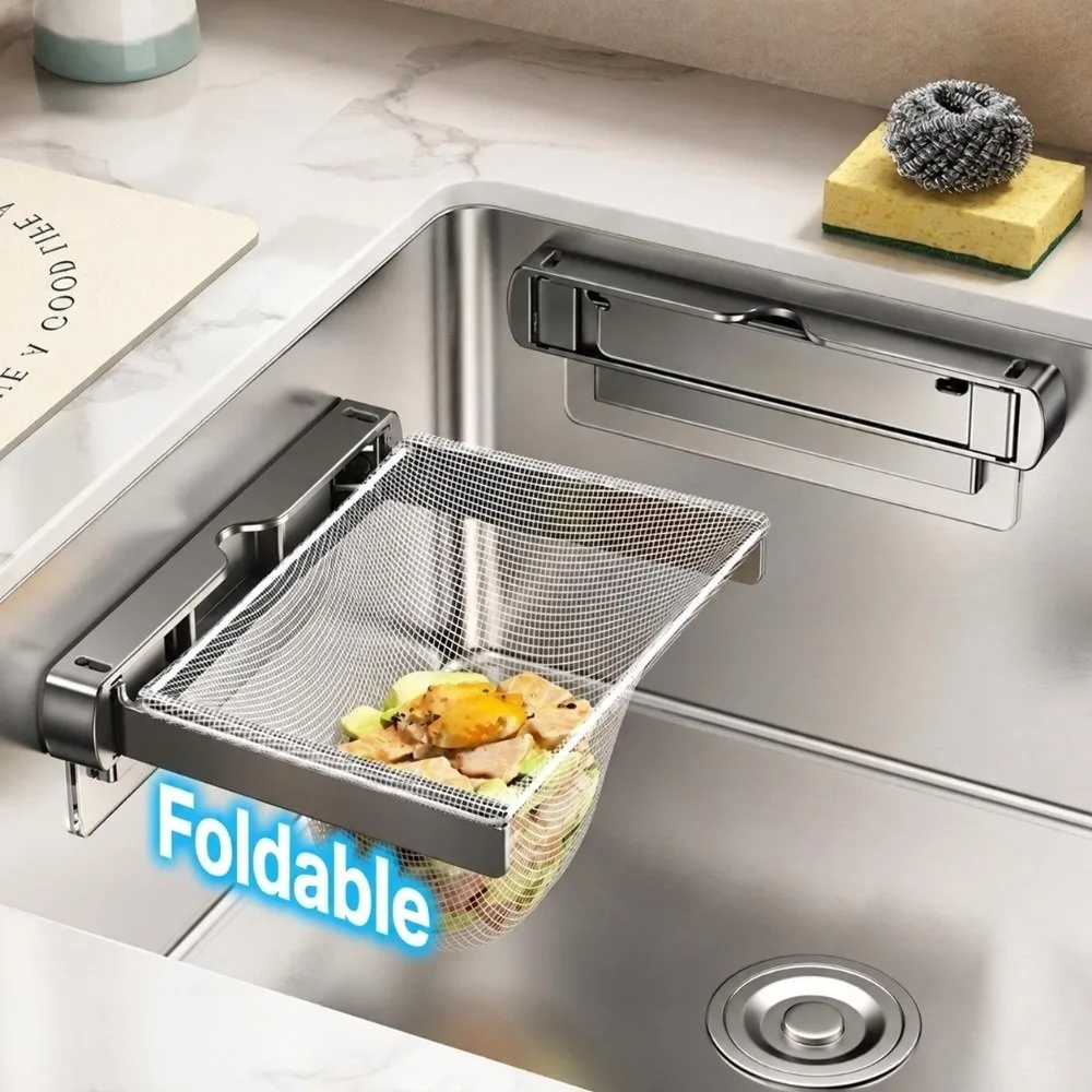 Stainless Steel Sink Strainer Holder Foldable Disposable Filter Mesh Kitchen Sink Filter Holder Wall Mounted Sink Food Catcher