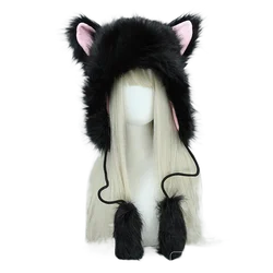 Y2k Beanie for Women Girls Caps Cat Ears Winter Warm Handmade Flush Hats Pompom Cosplay Party Performance Costume Headpiece