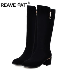 REAVE CAT Spring Autumn Knee High Boots Suede Round toe Rhinstone Female 2022 Chunky Heels Small Big 32-52 S2410