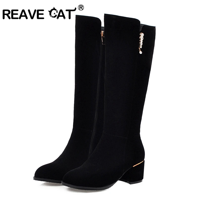 REAVE CAT Spring Autumn Knee High Boots Suede Round toe Rhinstone Female 2022 Chunky Heels Small Big 32-52 S2410