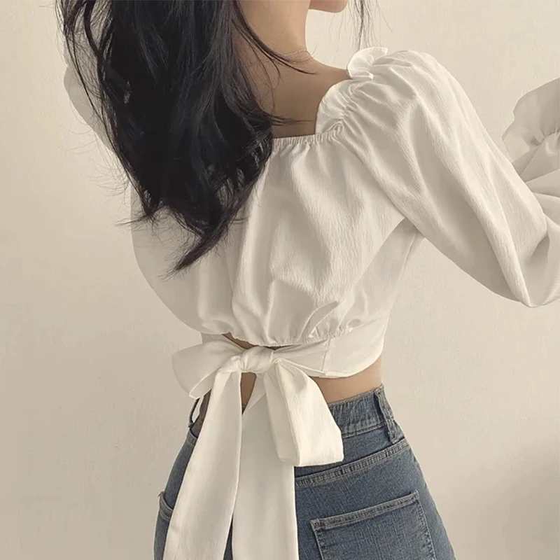 시크한 스프링 스퀘어 칼라 백 타이 버터플라이 매듭 허리 조절 긴팔 셔츠 유니크 디자인 센세이션 여성 패션