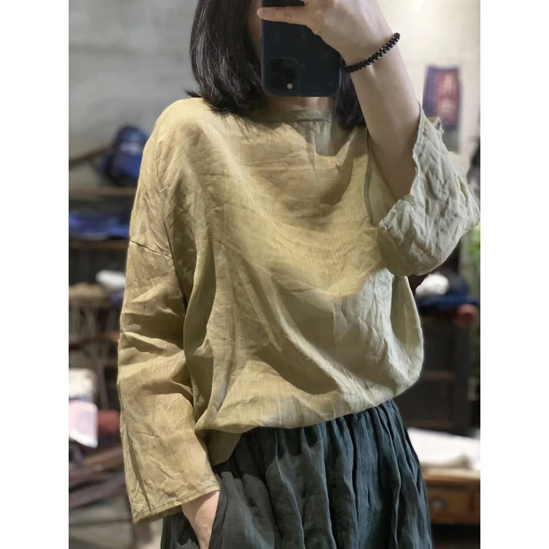 

100% Ramie Lightweight Solid Blouses Women's Long Sleeves Shirt Top Casual Simple Boat Neck Summer Autumn Tops Women's Clothing