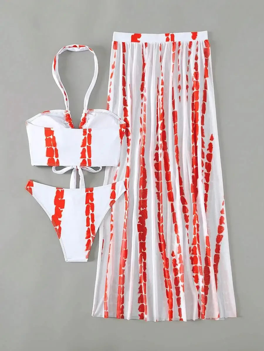 

Tie Dye Halter Bikini Set With Beach Skirt For Women