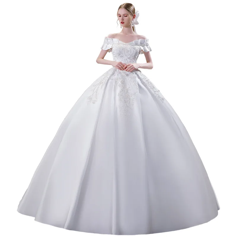 Robe de mariée en satin à paillettes, grande taille, col bateau en dentelle, tenue de princesse pour les patients initiés