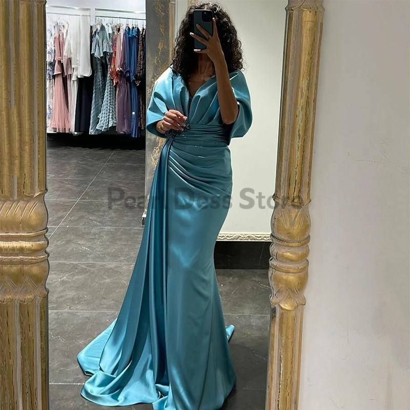 

Elegant Blue Mermaid Evening Dress Beaded Crystal Ball Dress Half Sleeve Saudi Arabian Party Dress Robe De Soiree Women's