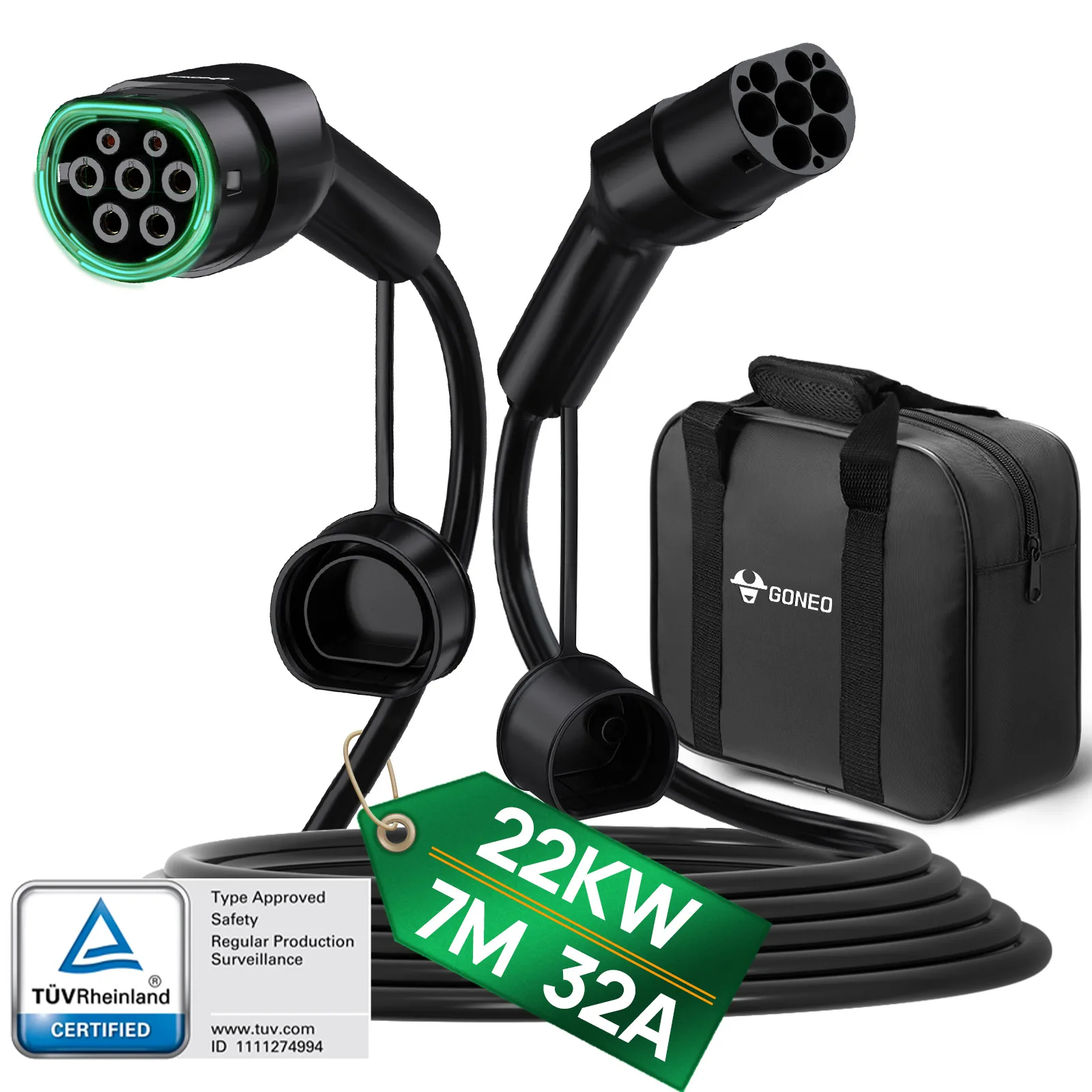 GONEO EV oplaadkabel Type 2,3 fase 22 kW/11 kW/7 kW, IP54 waterdicht, PA66/TPU, 5/7/10 m lengtes voor snel opladen EV/PHEV Model S/3/X/Y