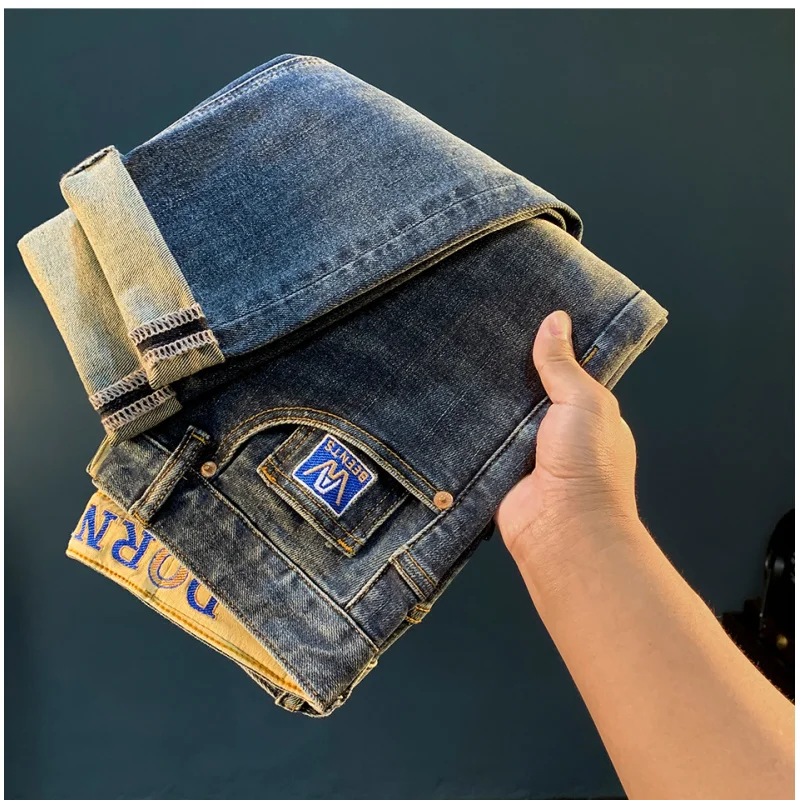 High-end herenjeans, herfsttrend 2022, gewassen Amerikaanse casual kleine rechte elastische broek heren