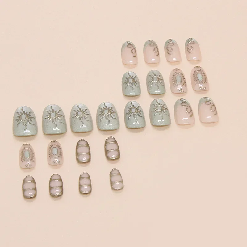 24Pc Green Cat Eye French Fake Nails with 3D Metal Line Sun Press on Nails Wearable Short Almond Artificial Nail Full Cover Nail