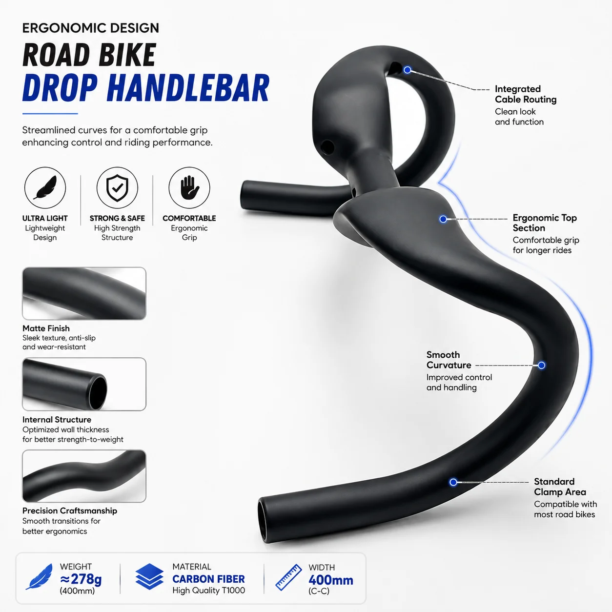 Full Carbon T1000 Road Handlebar 30mm Rise Black Matte Gravel Cockpit Internal Cable Options 380/400/420mm Bike Accessories