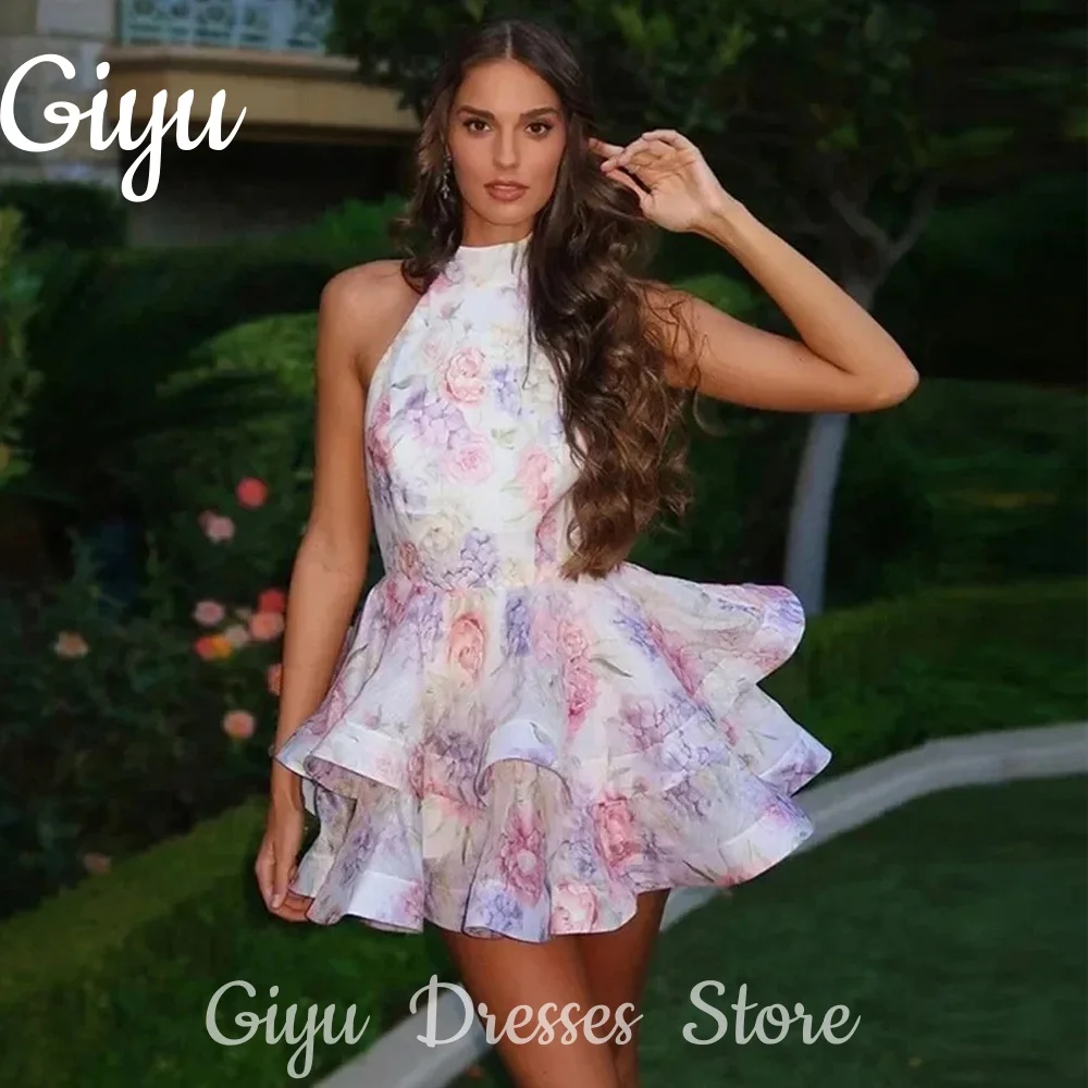 

Giyu Sexy Halter Floral A-line Wedding Party Dresses Tiered Organza Mini Above Knee Birthday Party Dress Summer Dresses 2025