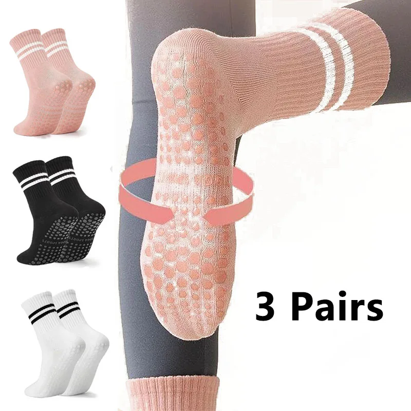 

3 шт. разноцветные спортивные носки с хлопковой средней подошвой и профессиональной противоскользящей силиконовой подошвой для домашних танцев, носки Prati Yoga