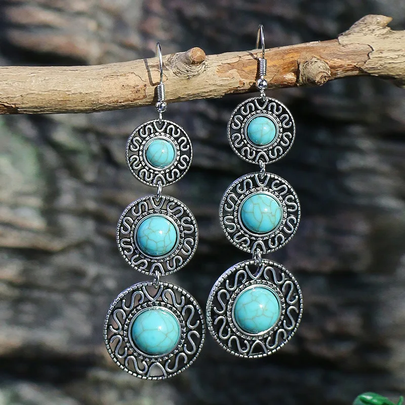 Bohemia Geometric Turquoises Drop Earrings Women's Vintage Silver Plated Round Indian Tassel Earrings Charm Blue Stone Jewelry