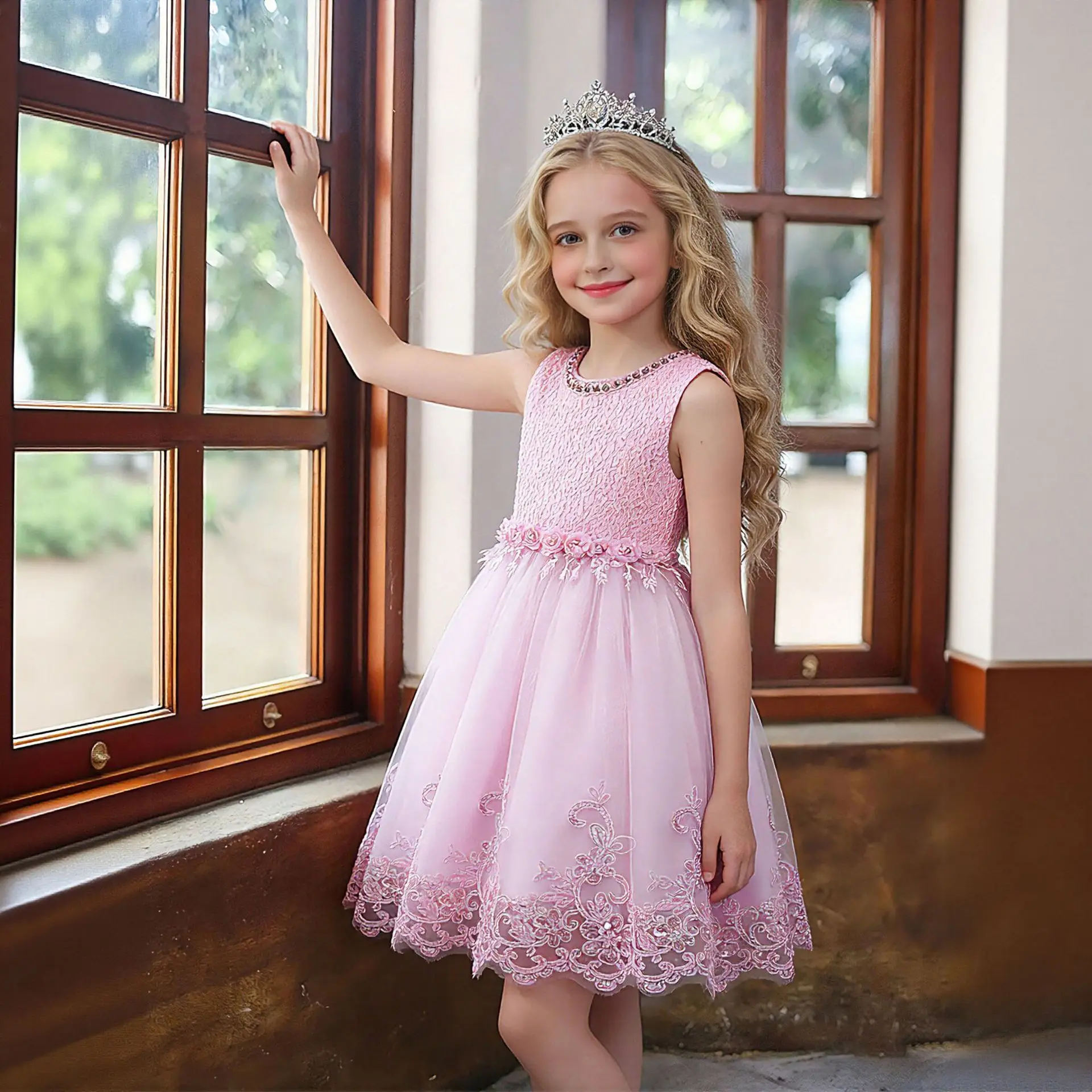 Handmade Flower Girl Dress for Wedding Lace Bead Kids Piano Performance Evening Gown Sleeveless Sequined Embroidery Tulle Skirt