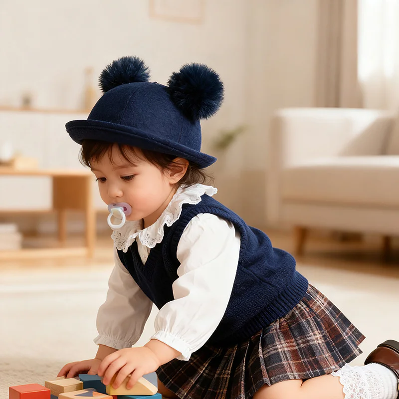 Kids Winter Wool Felt Cloche Hat - Warm Pom Pom Rolled Brim Basin Cap for Baby Toddlers