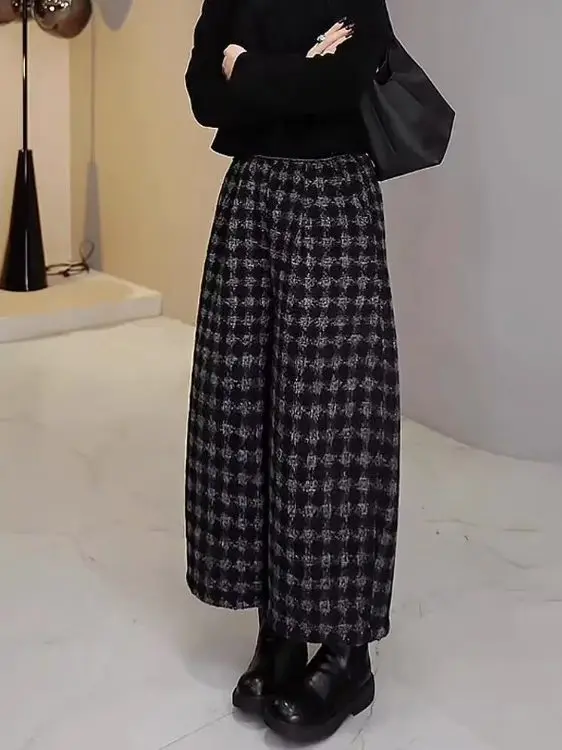 

Широкие повседневные брюки с высокой талией, женские модные хлопковые брюки в клетку в стиле ретро, осенне-зимние брюки больших размеров