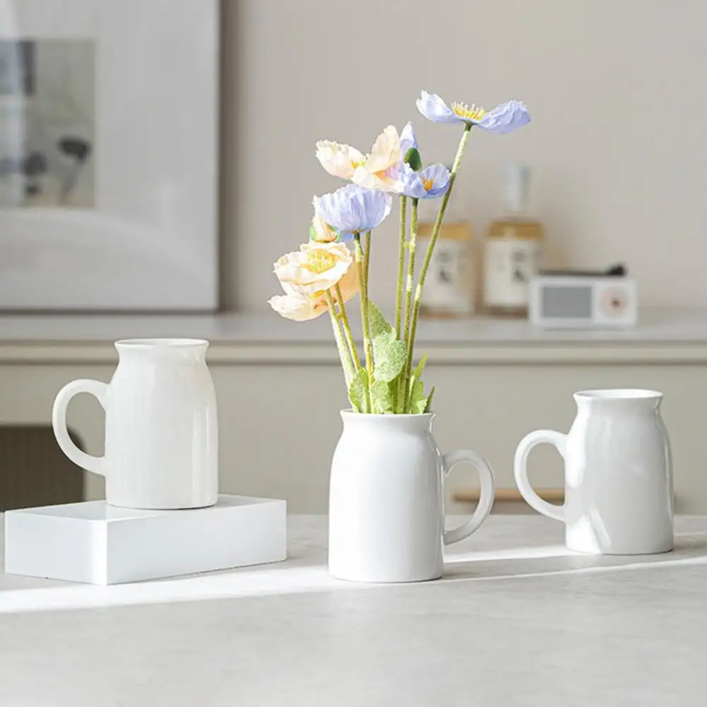 White Ceramic Pitcher Vase with Handle Rustic Decorative Farmhouse Flower Vase for Living Room Bedroom Kitchen Office Shelf Deco