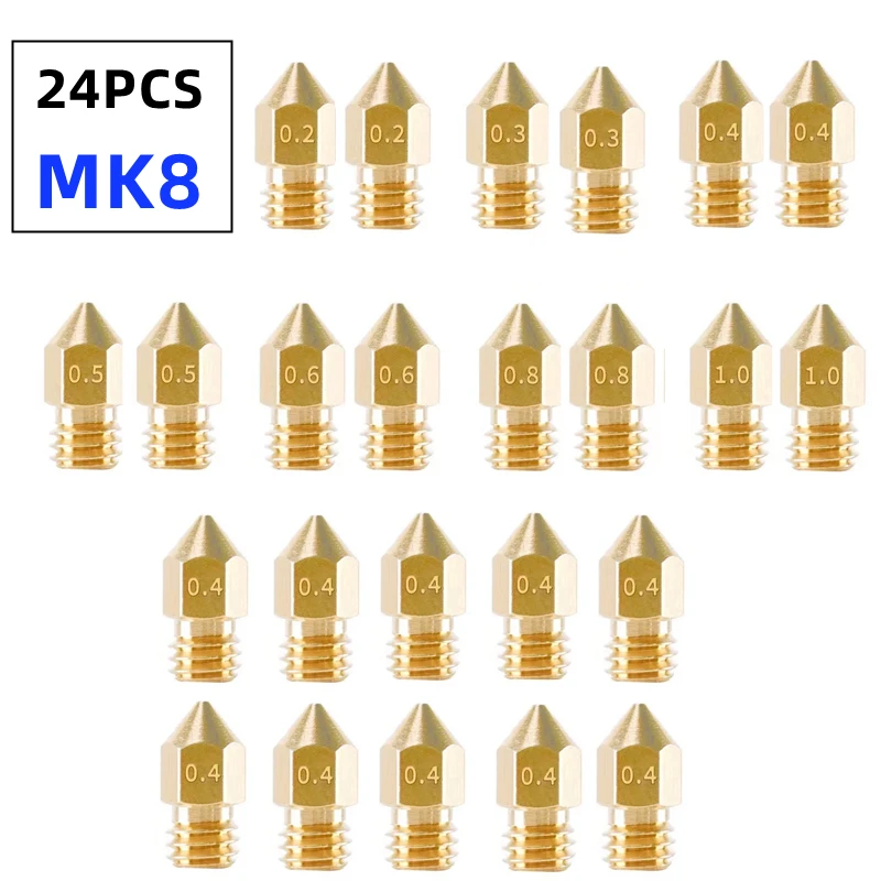 

Набор из 24 латунных сопел MK8 для 3D-принтеров Ender 3 и CR-10, диаметр 0.2/0.3/0.4/0.5/0.6/0.8/1.0 мм